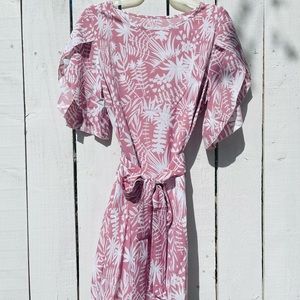 Tropical print petal sleeve belted dress.